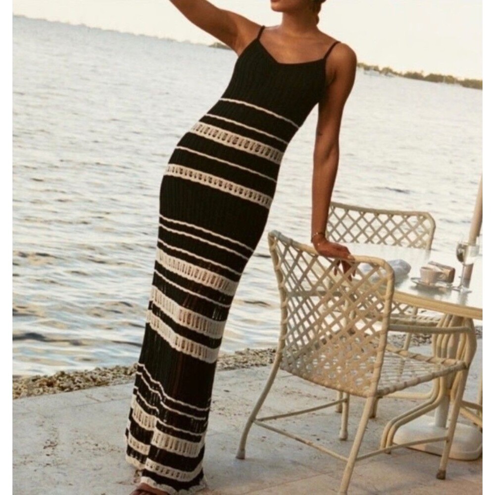 Abercrombie & Fitch Crochet Knit Cotton Striped Midi Slip Dress SP Beach Resort